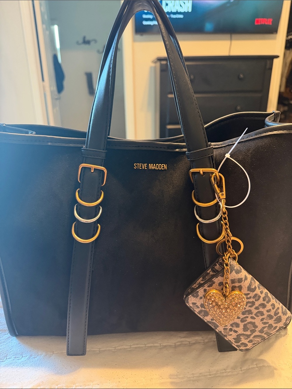 Steve Madden Black Tote with Leopard Heart Charm